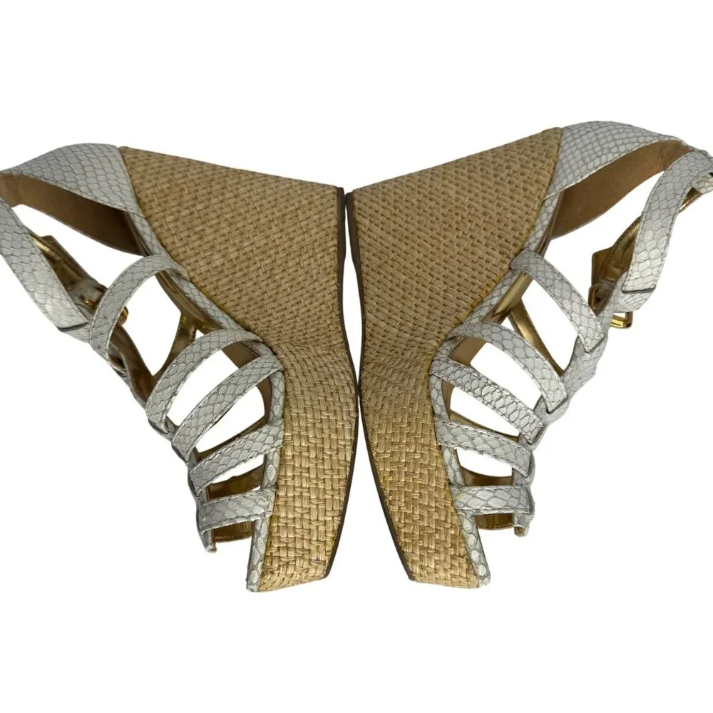 Sergio Zelcer White Snake Wedge Sandals Size 6‎ Womens Open Toe Raffia Platform